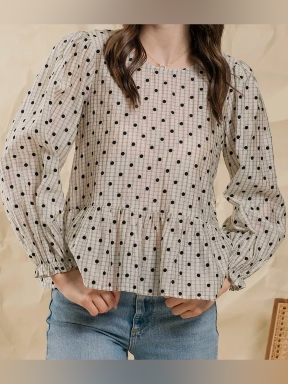 *NWT Blu Pepper Beige Polka Dot Peplum Blouse
